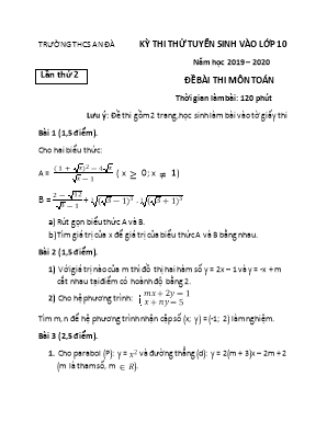 Đề thi thử tuyển sinh vào Lớp 10 môn Toán - Lần 2 - Năm học 2019-2020 - Trường THCS An Đà
